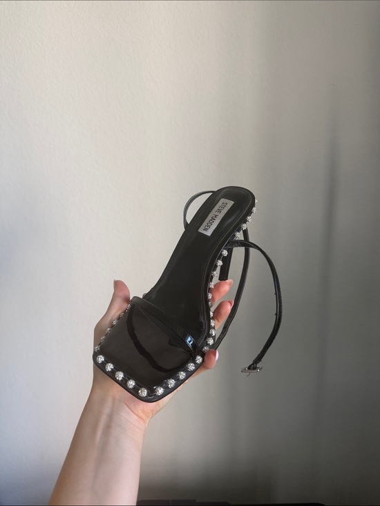 Steve Madden Shoes - Steve Madden Black Patent Square-Toe Crystal Trim Sandal